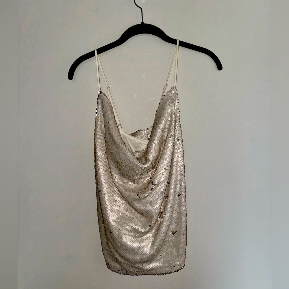 Champagne and silver sequin cowl neck tank. Size Medium.